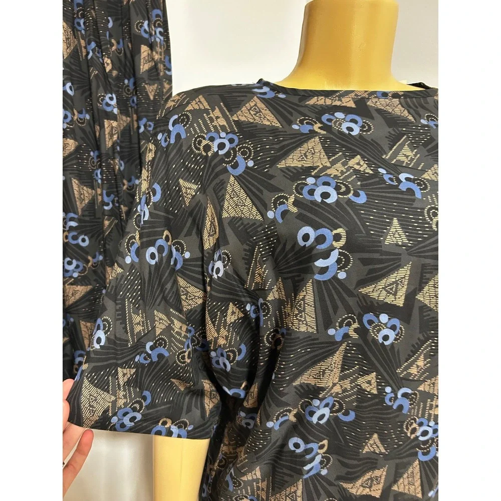 Vintage 80s ILGWU Geometric Print Skirt Set Blue Black Rayon Midi Made in USA